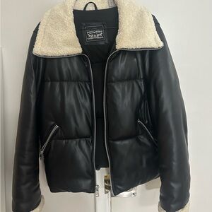 Levi's Black Puffer Jacket with Cream Shearling Collar
